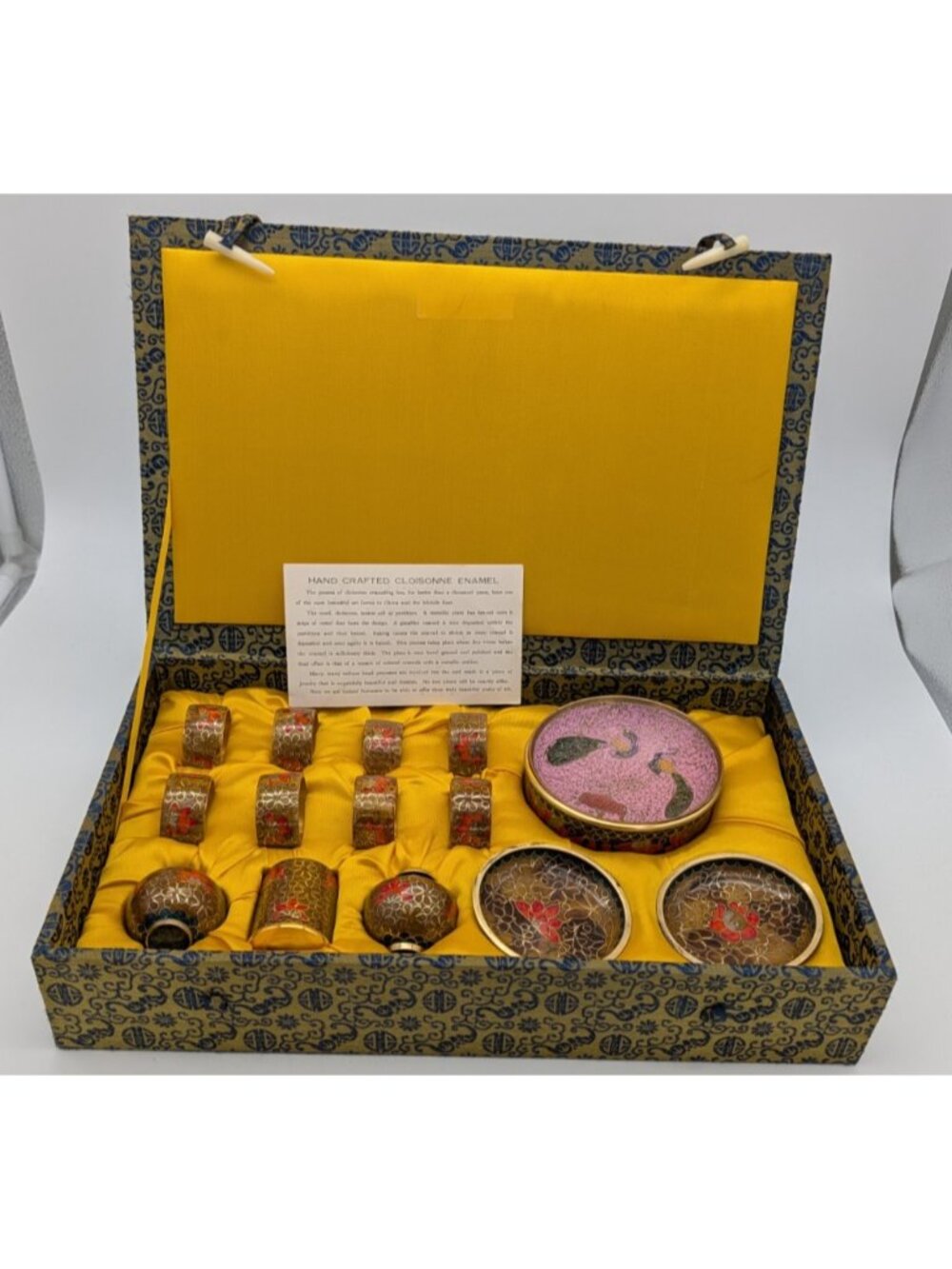 Chinese Cloisonné Enamel Table Set in the Original Decorative Box as is